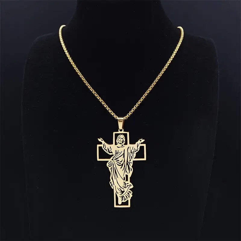 HIP HOP STAINLESS STEEL JESUS RELIGIOUS CROSS PENDANT & 24" ROLO CHAIN NECKLACE