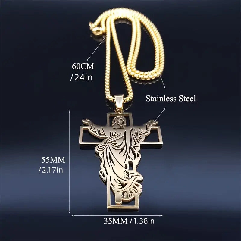 HIP HOP STAINLESS STEEL JESUS RELIGIOUS CROSS PENDANT & 24" ROLO CHAIN NECKLACE