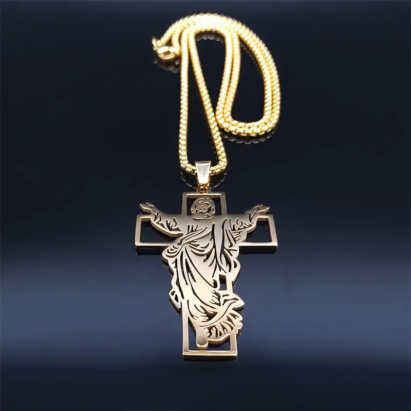 HIP HOP STAINLESS STEEL JESUS RELIGIOUS CROSS PENDANT & 24" ROLO CHAIN NECKLACE