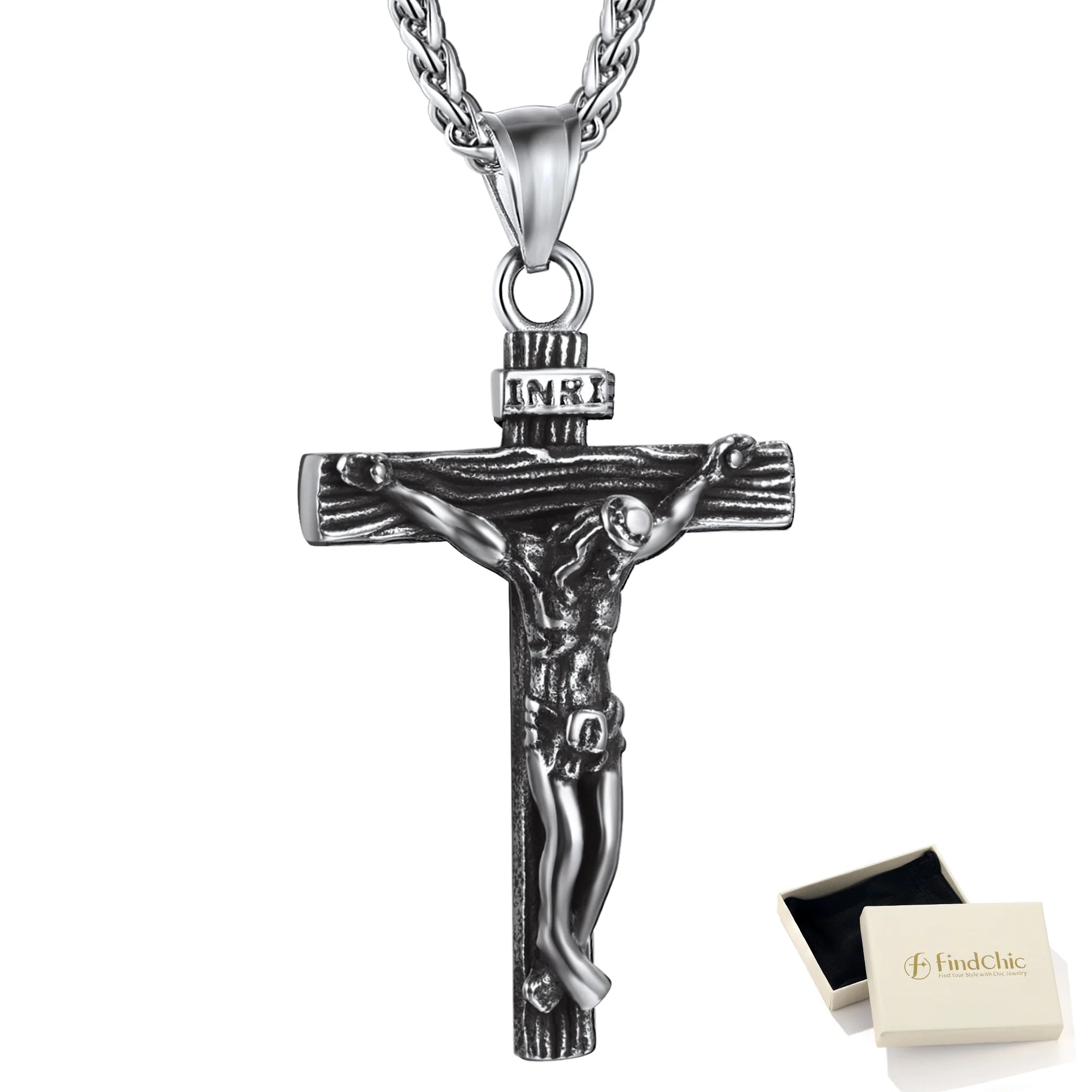 Gold Plated Cross Necklaces for Men Stainless Steel INRI Crucifix Pendant Necklace Jesus Piece Christian Religious Birthday Easter Basket Stuffers Jewelry Gifts Him Son