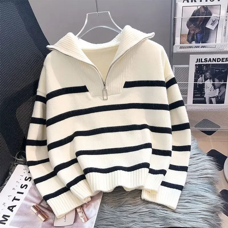 Women Pullover Sweater Zipper Stripe Short Style Top