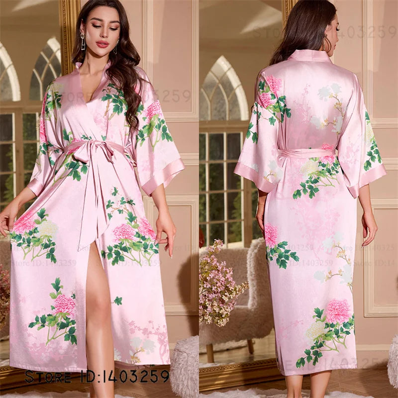 Satin Kimono Robe Chinese Style Long Bathrobe for Women