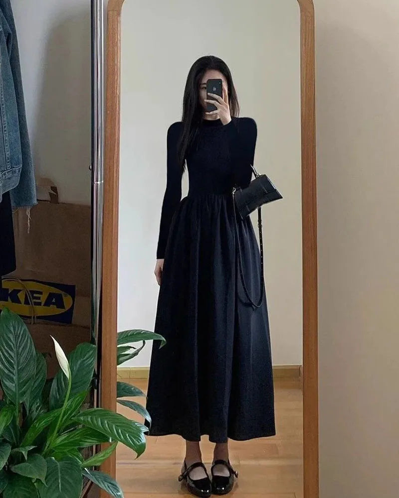 Black A-Line Dress French Style Long Sleeve Midi Dress