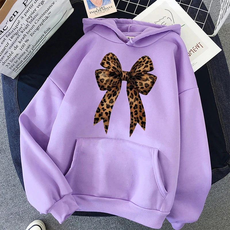 Leopard Print Hoodie Bow Heart Love Graphic Pullover