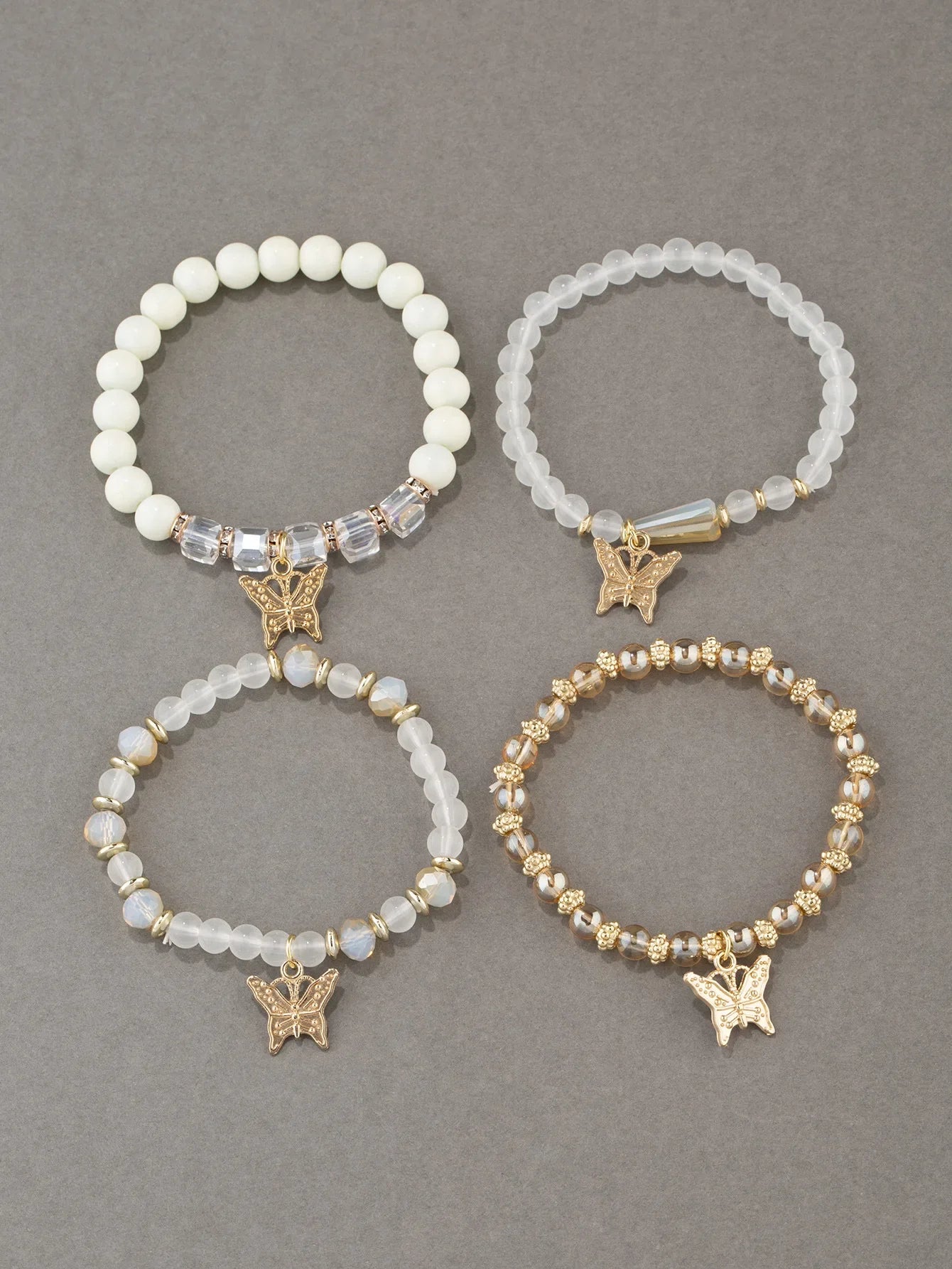 Butterfly Beaded Bracelet Set 4Pcs Pink Acrylic Beads for Women