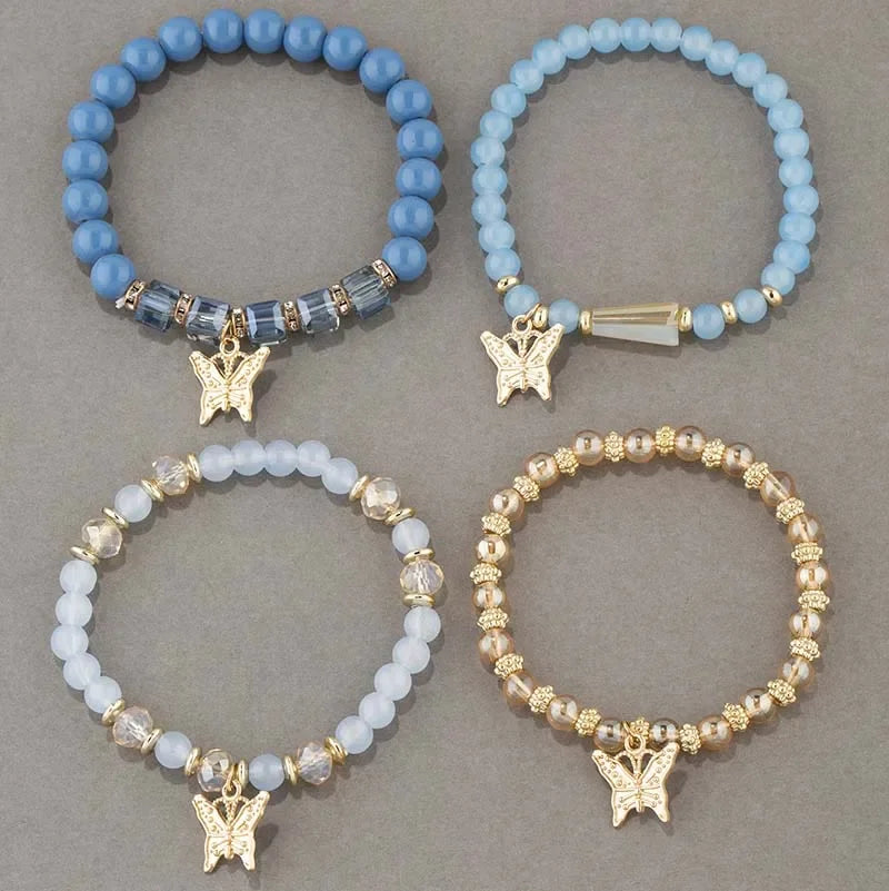 Butterfly Beaded Bracelet Set 4Pcs Pink Acrylic Beads for Women