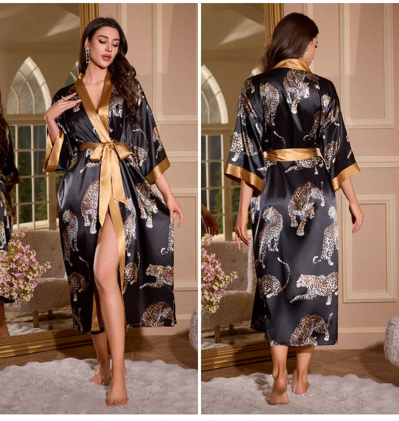 Satin Kimono Robe Chinese Style Long Bathrobe for Women