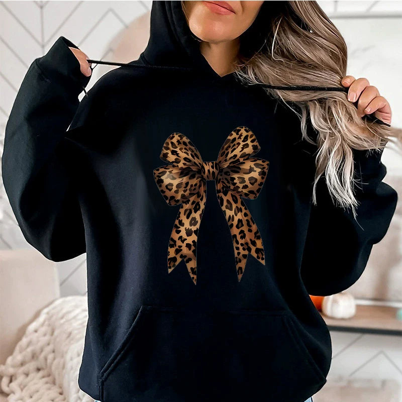 Leopard Print Hoodie Bow Heart Love Graphic Pullover