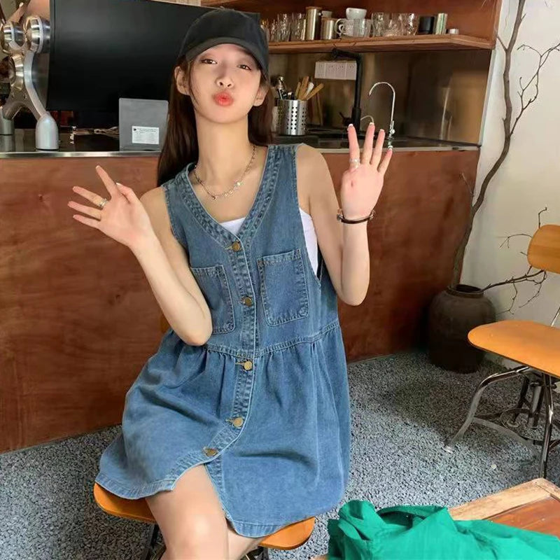 Denim Mini Dress Sleeveless A-Line Korean Style Dress