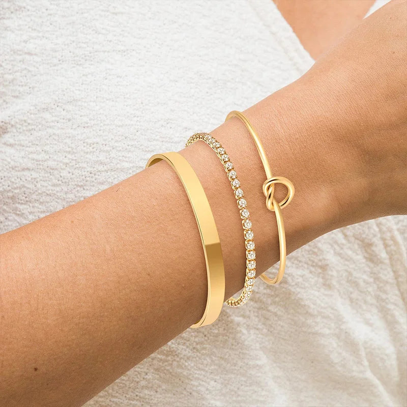 Gold Plated Bracelets 3pcs Stainless Steel Zircon Bangles