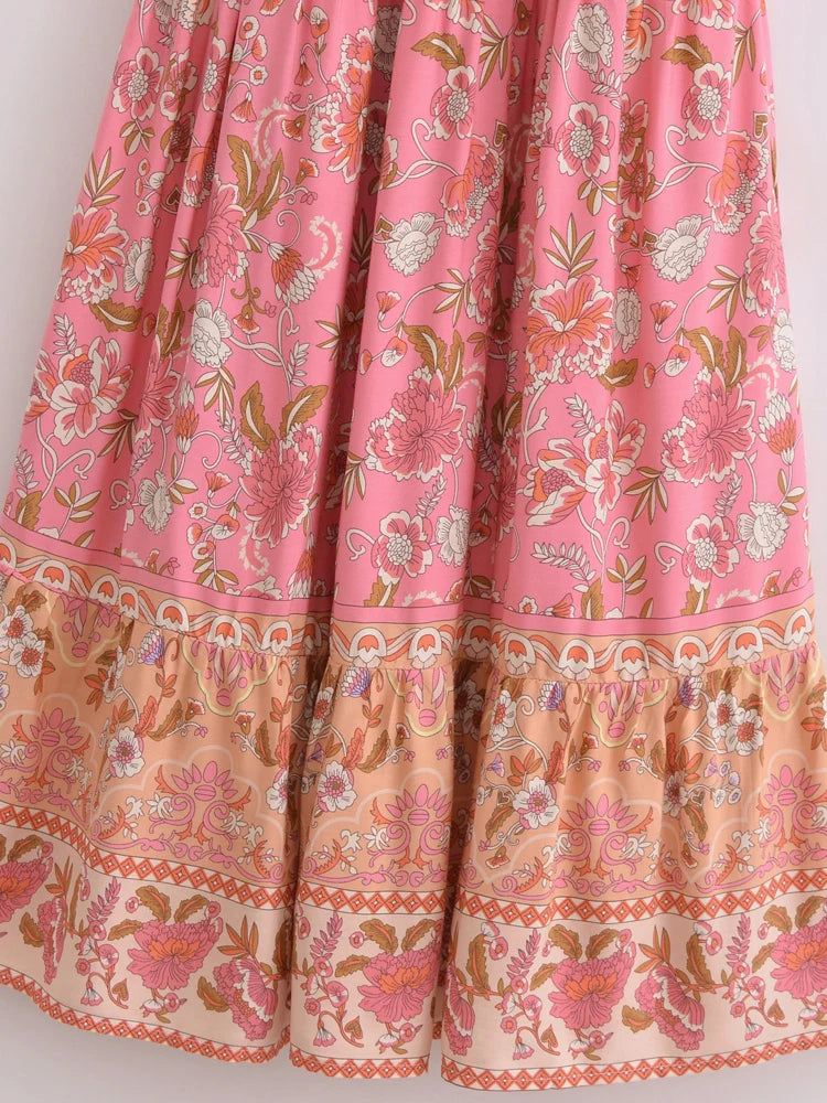 Bohemian Maxi Dress Floral Print Tie Neck Beach Dress