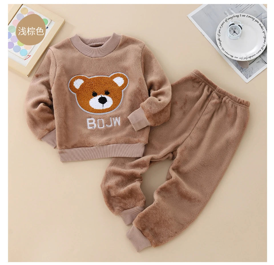 Kids Flannel Pajamas 2Pcs Warm Coral Fleece Sleepwear