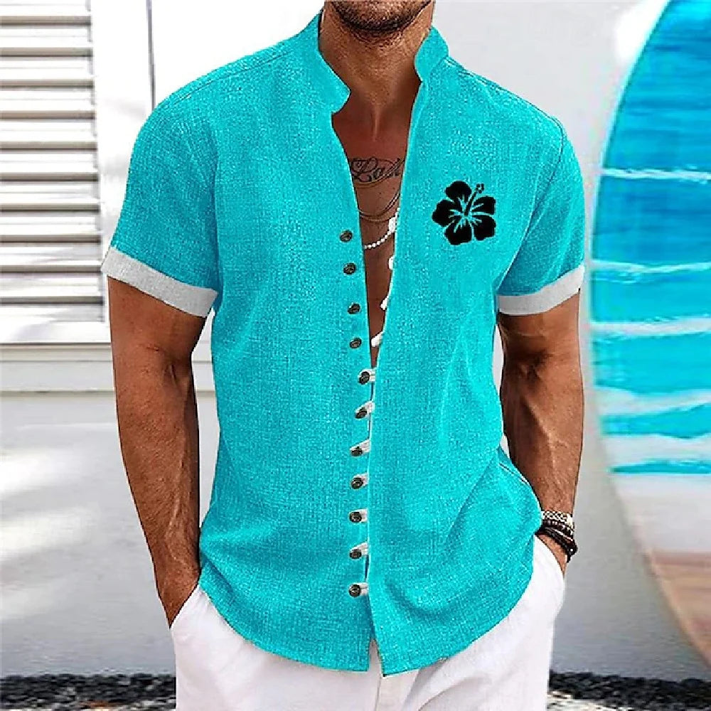 Men Linen Shirt Short Sleeve Retro Ethnic Print Shirt