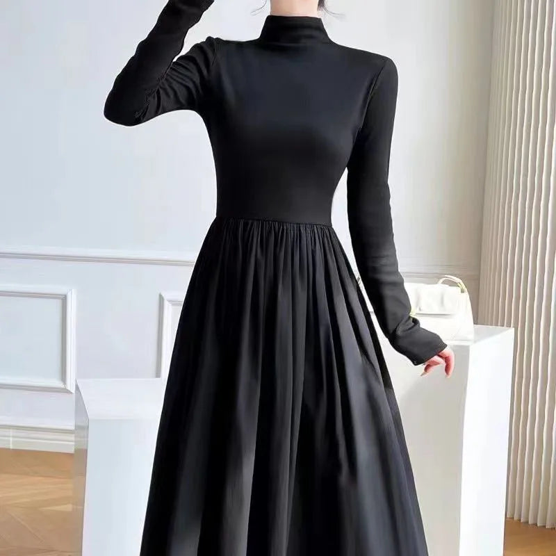 Black A-Line Dress French Style Long Sleeve Midi Dress