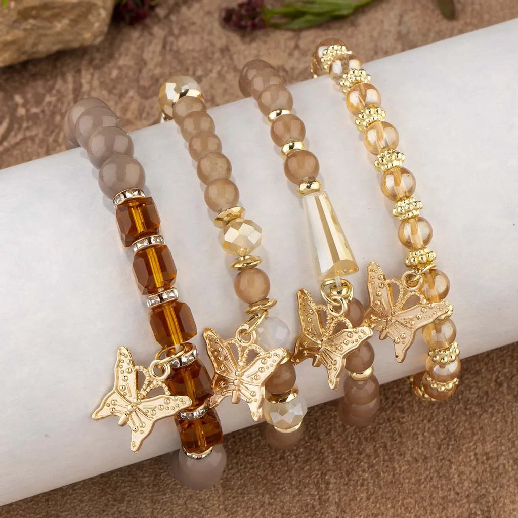 Butterfly Beaded Bracelet Set 4Pcs Pink Acrylic Beads for Women