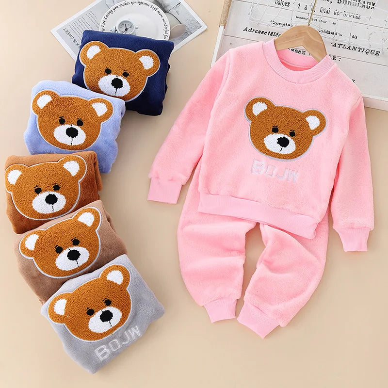 Kids Flannel Pajamas 2Pcs Warm Coral Fleece Sleepwear