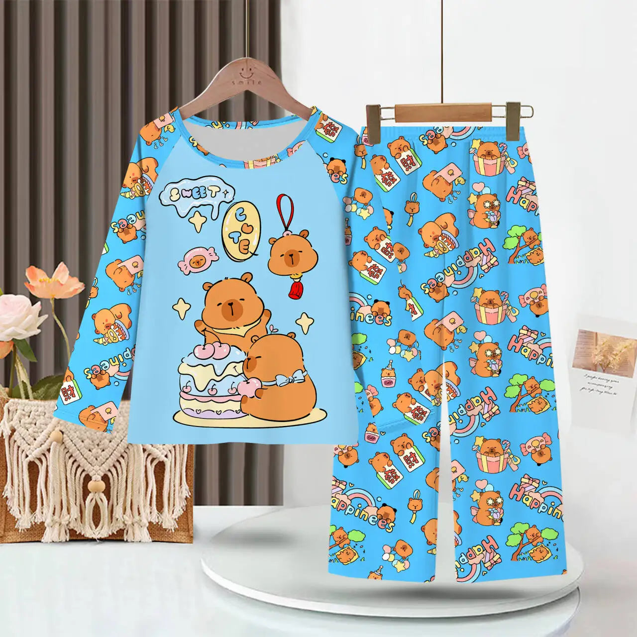 Kids Cartoon Pajama Set Capibara Long Sleeve Sleepwear