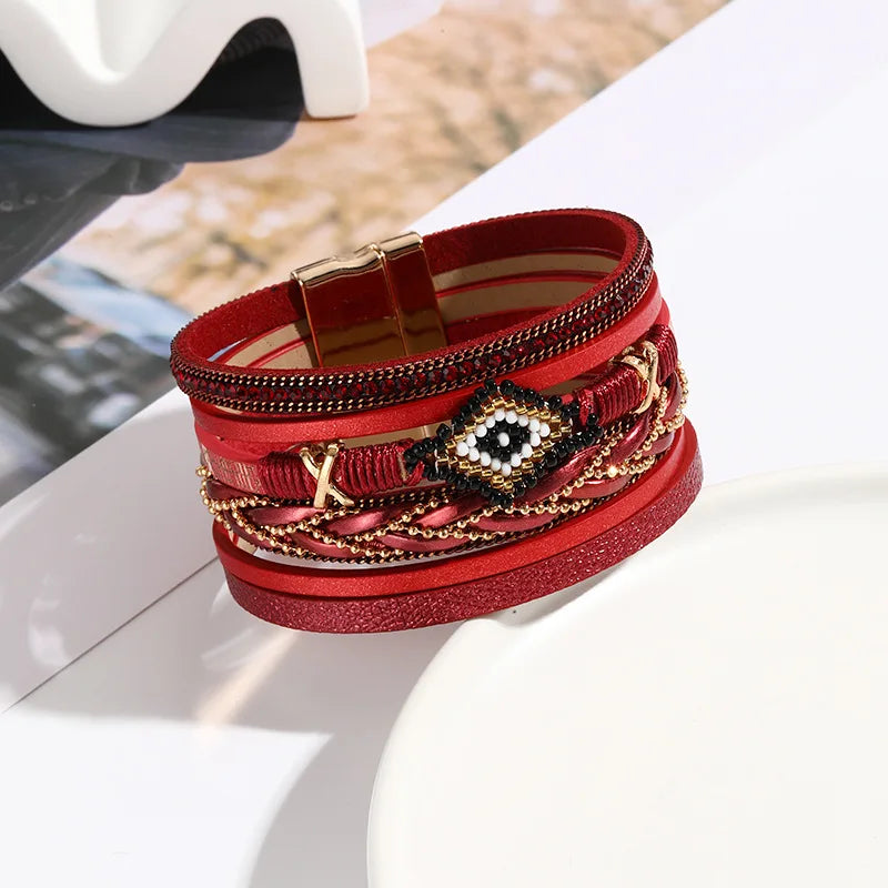 Leather Bracelet for Women Multilayer Handwoven Magnetic Bangle