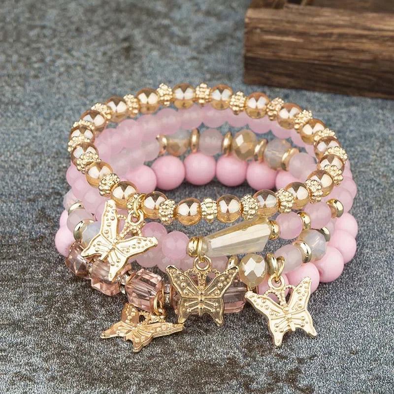 Butterfly Beaded Bracelet Set 4Pcs Pink Acrylic Beads for Women