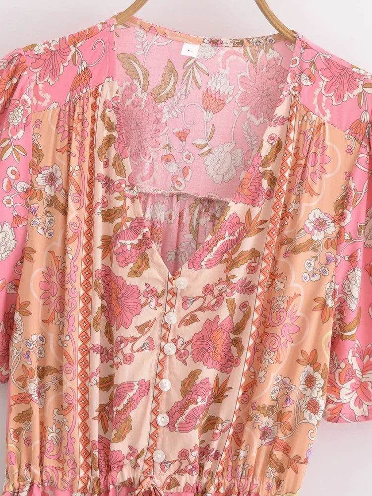 Bohemian Maxi Dress Floral Print Tie Neck Beach Dress
