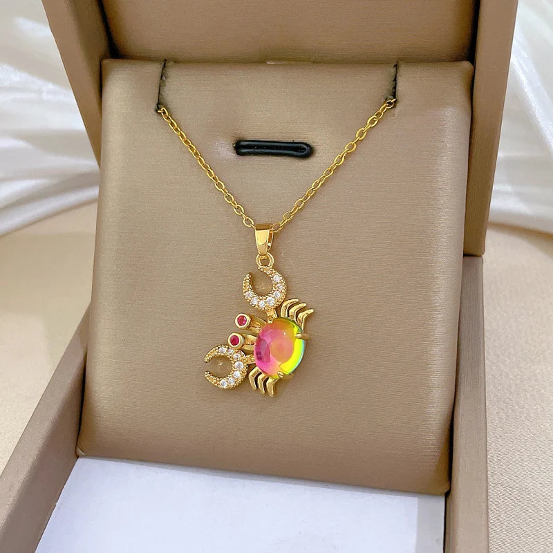 Crab Pendant Necklace 316L Stainless Steel Colorful Chain