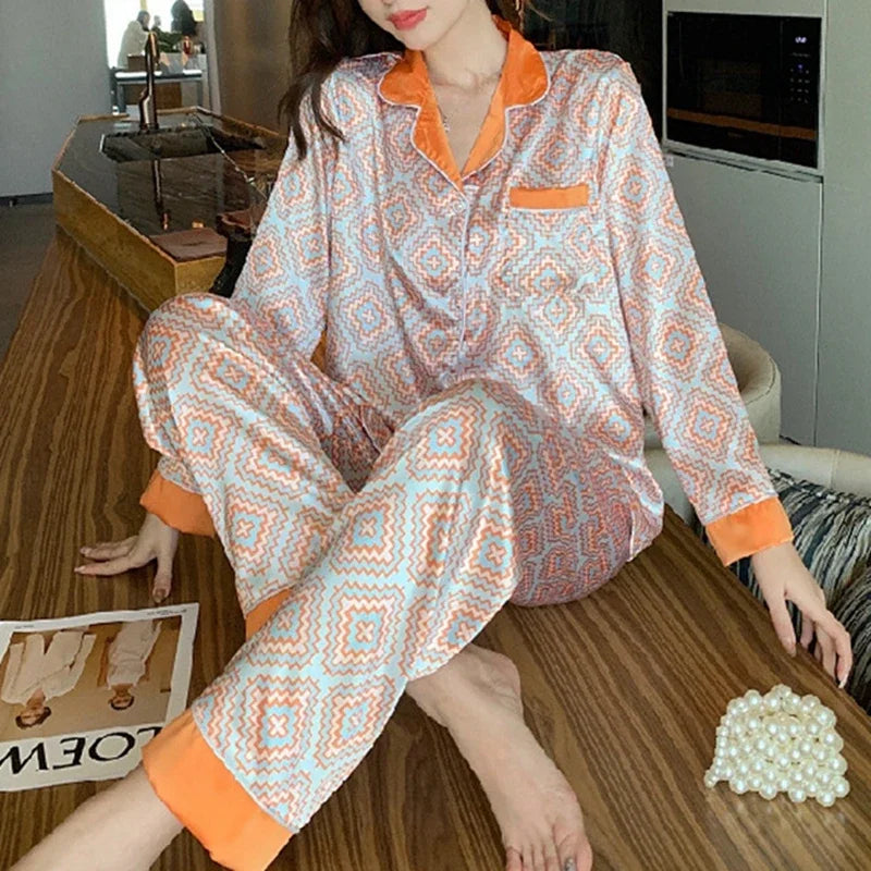 Faux Silk Pajama Set Long Sleeve Elegant Sleepwear