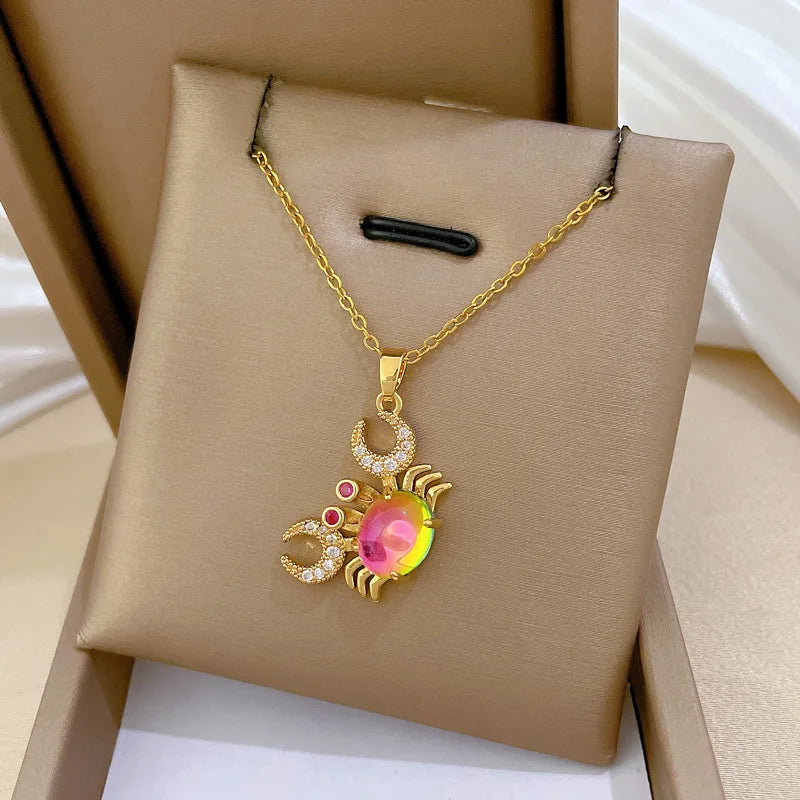 Crab Pendant Necklace 316L Stainless Steel Colorful Chain