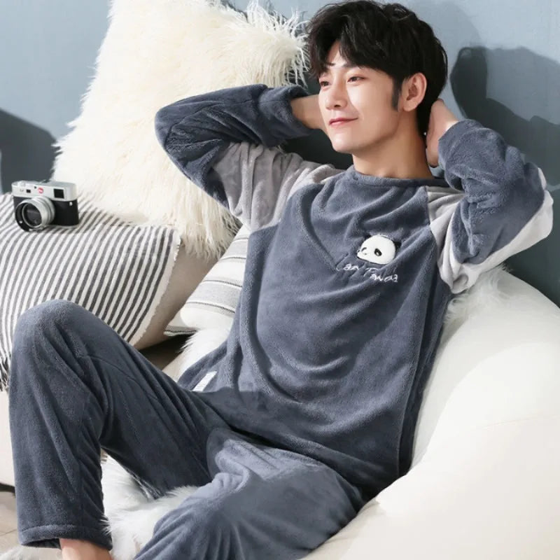 Men Coral Fleece Sleepwear 2 Piece Long Sleeve Pajama Set