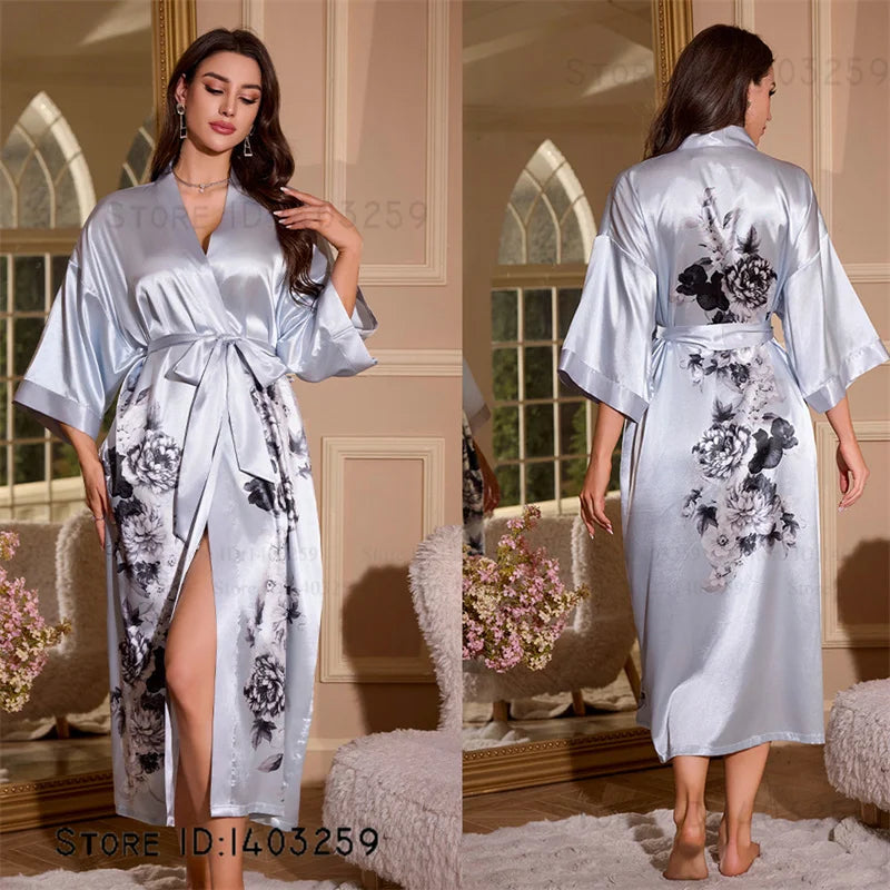 Satin Kimono Robe Chinese Style Long Bathrobe for Women