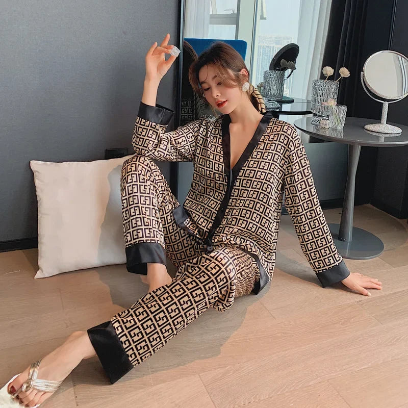 Faux Silk Pajama Set Long Sleeve Elegant Sleepwear