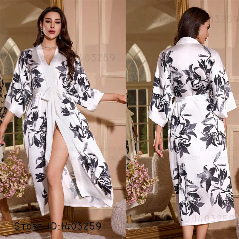 Satin Kimono Robe Chinese Style Long Bathrobe for Women