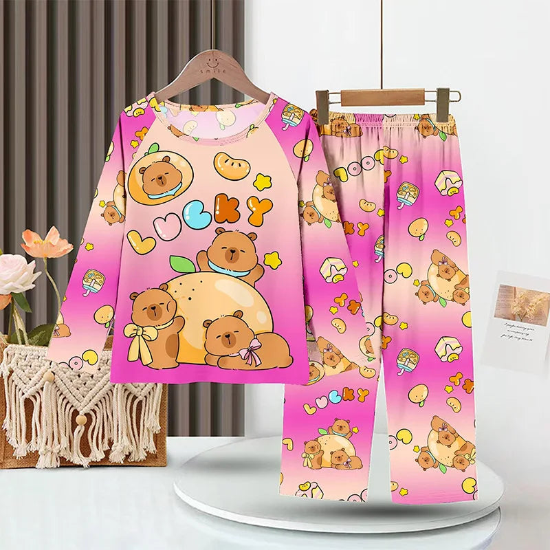 Kids Cartoon Pajama Set Capibara Long Sleeve Sleepwear