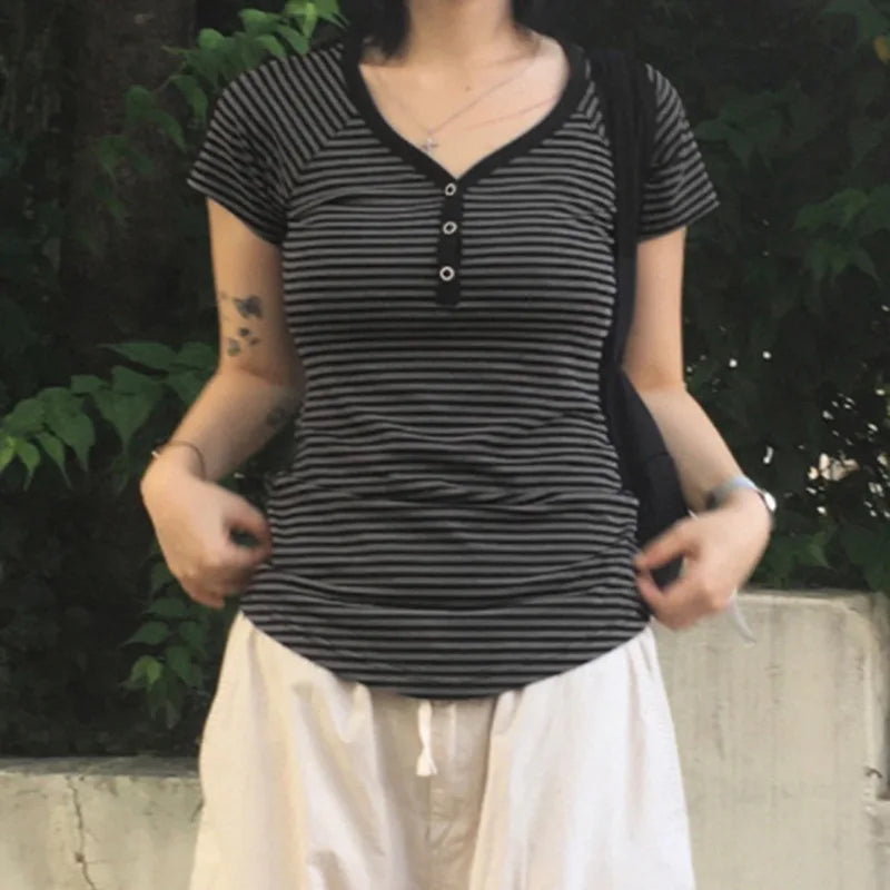 Goth T-Shirt Striped V-Neck Button-Up Slim Top