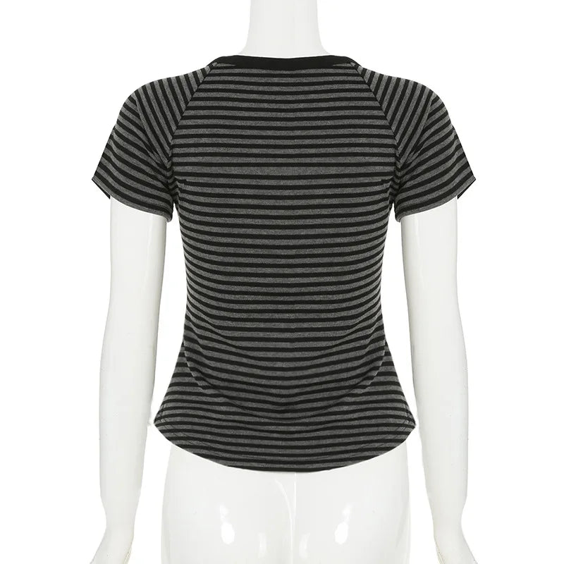 Goth T-Shirt Striped V-Neck Button-Up Slim Top