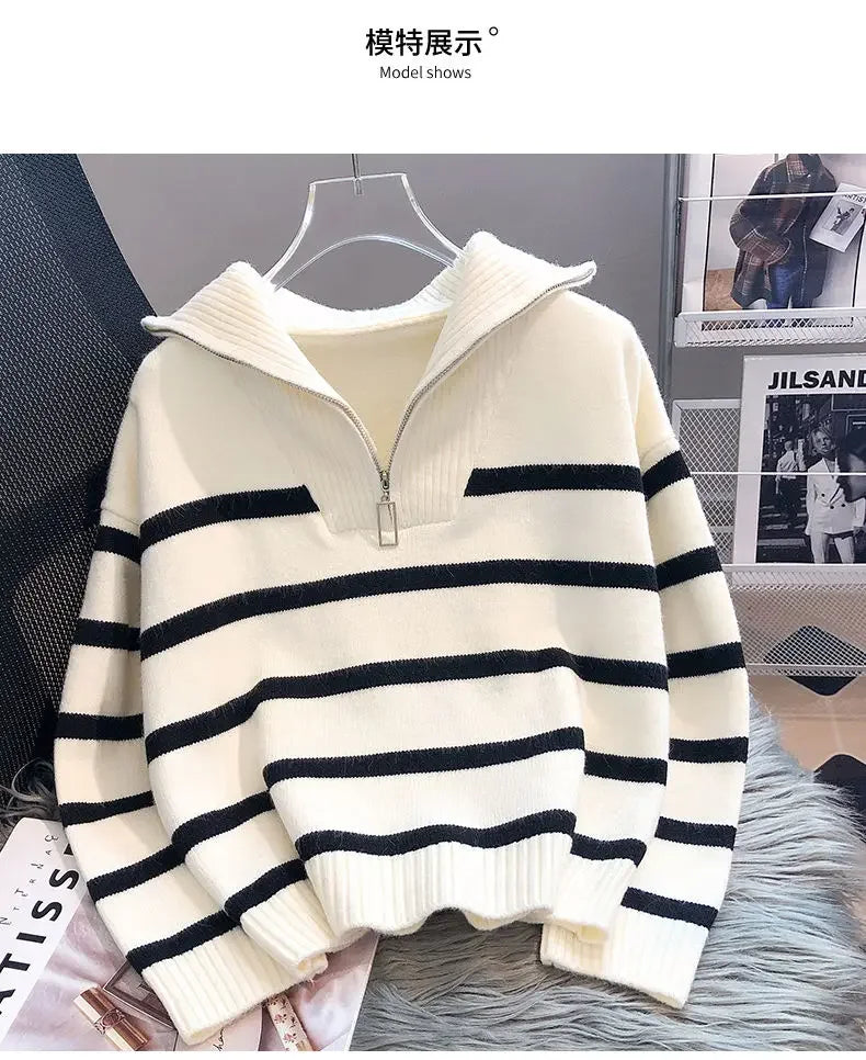 Women Pullover Sweater Zipper Stripe Short Style Top