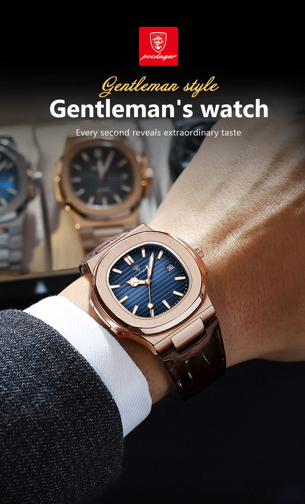 Men Leather Watch Square Waterproof Luminous Quartz Watch