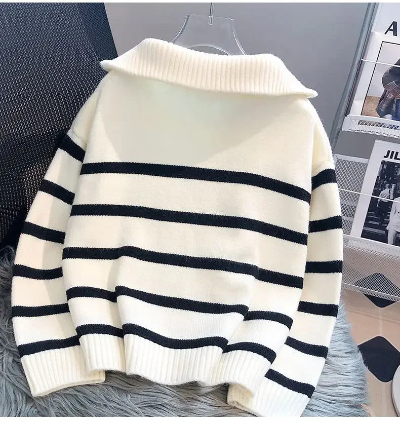 Women Pullover Sweater Zipper Stripe Short Style Top