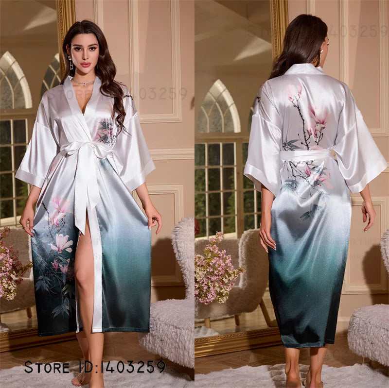 Satin Kimono Robe Chinese Style Long Bathrobe for Women