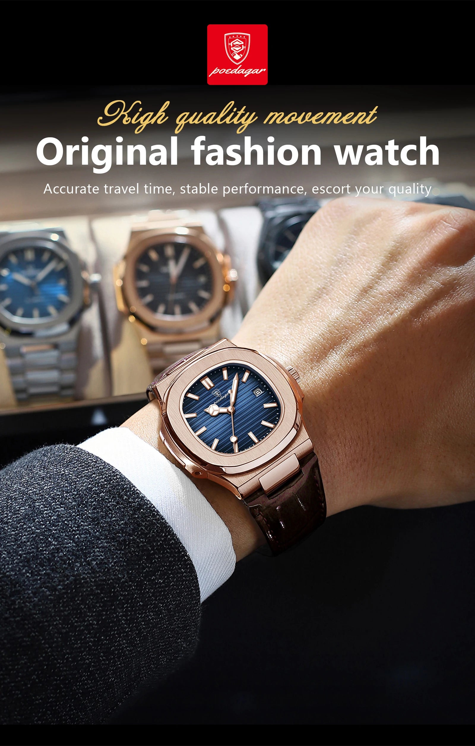 Men Leather Watch Square Waterproof Luminous Quartz Watch