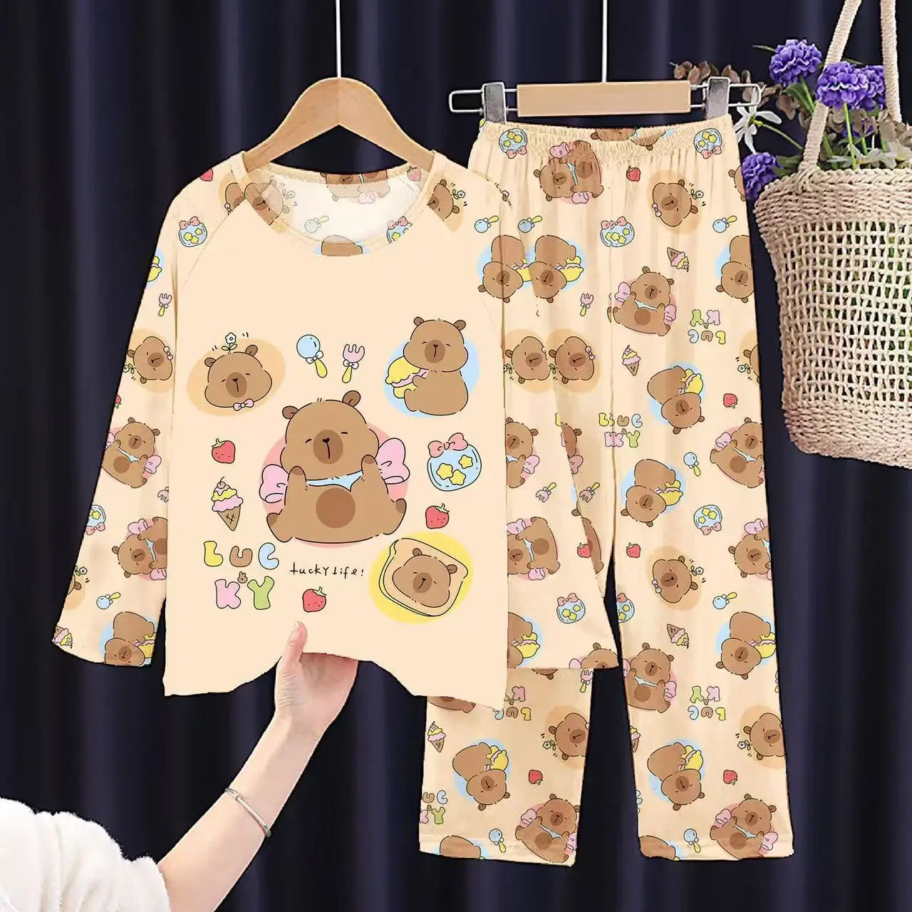 Kids Cartoon Pajama Set Capibara Long Sleeve Sleepwear