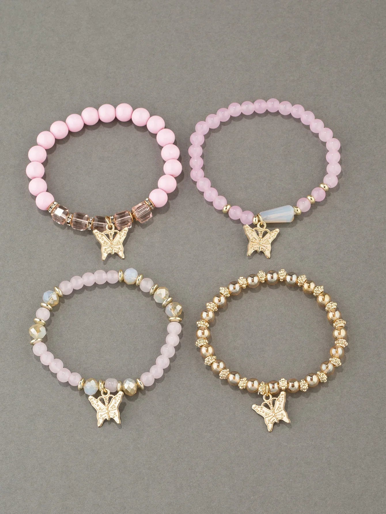 Butterfly Beaded Bracelet Set 4Pcs Pink Acrylic Beads for Women