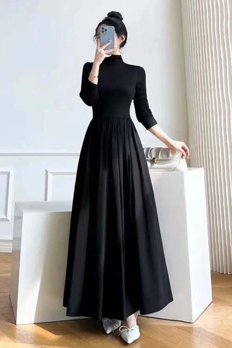 Black A-Line Dress French Style Long Sleeve Midi Dress