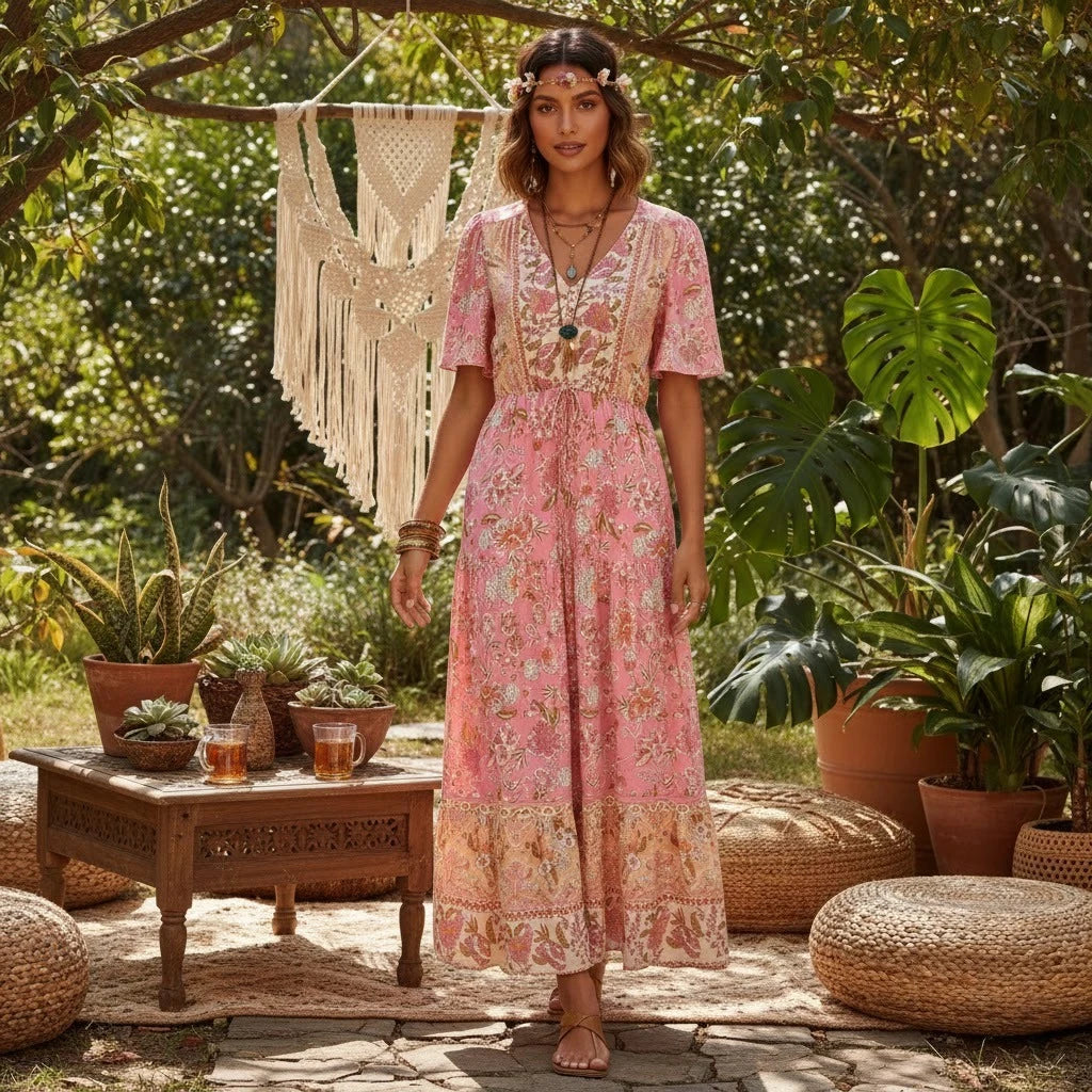 Bohemian Maxi Dress Floral Print Tie Neck Beach Dress