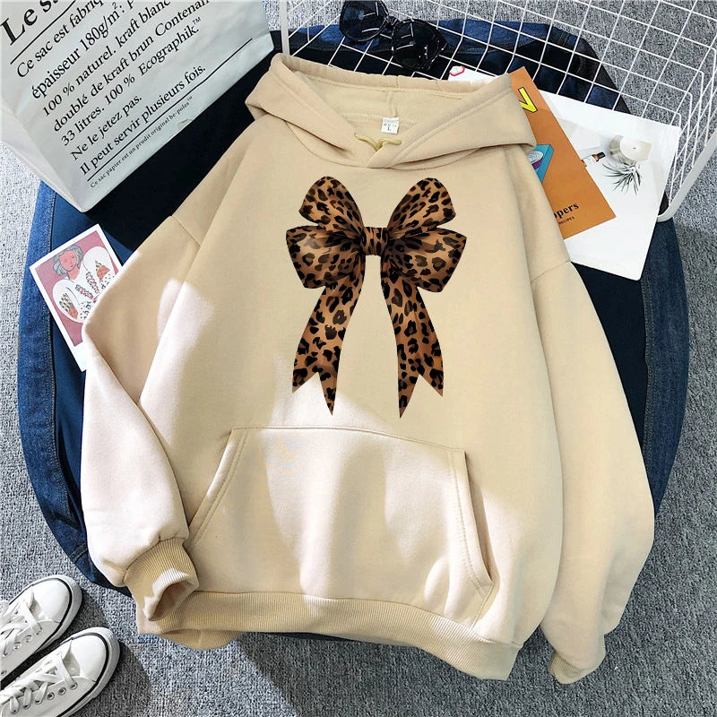 Leopard Print Hoodie Bow Heart Love Graphic Pullover