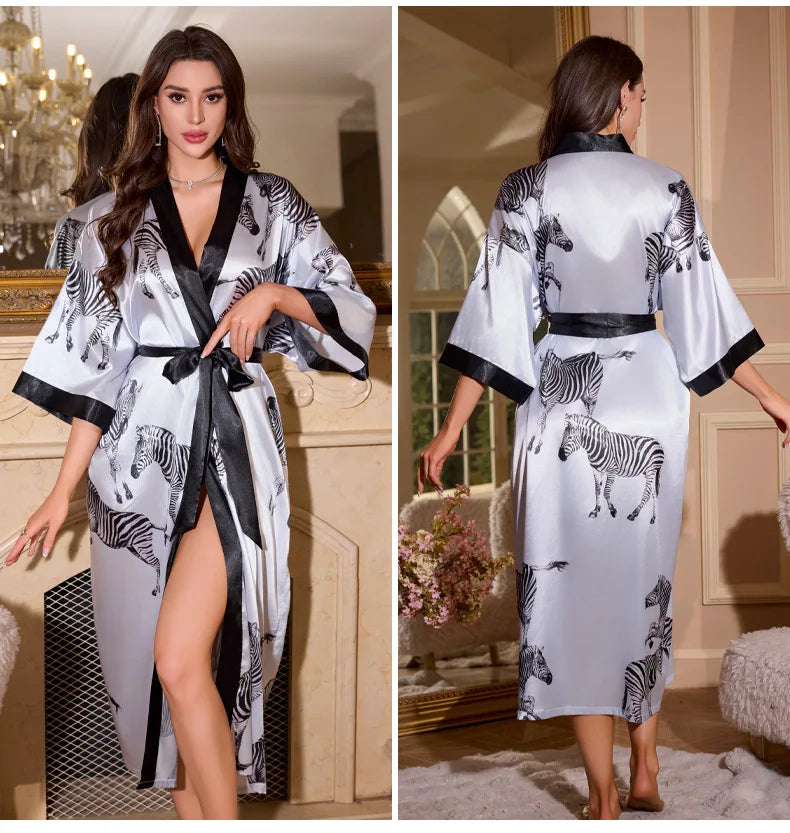 Satin Kimono Robe Chinese Style Long Bathrobe for Women