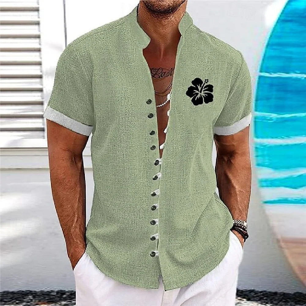 Men Linen Shirt Short Sleeve Retro Ethnic Print Shirt