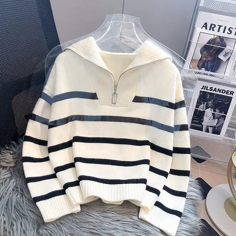 Women Pullover Sweater Zipper Stripe Short Style Top