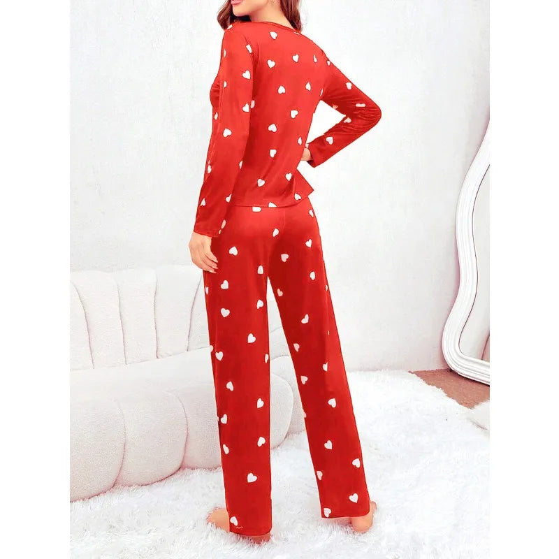 Women Pajamas Set Love Print Long Sleeve Sleepwear