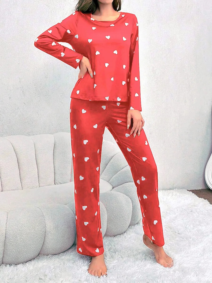 Women Pajamas Set Love Print Long Sleeve Sleepwear