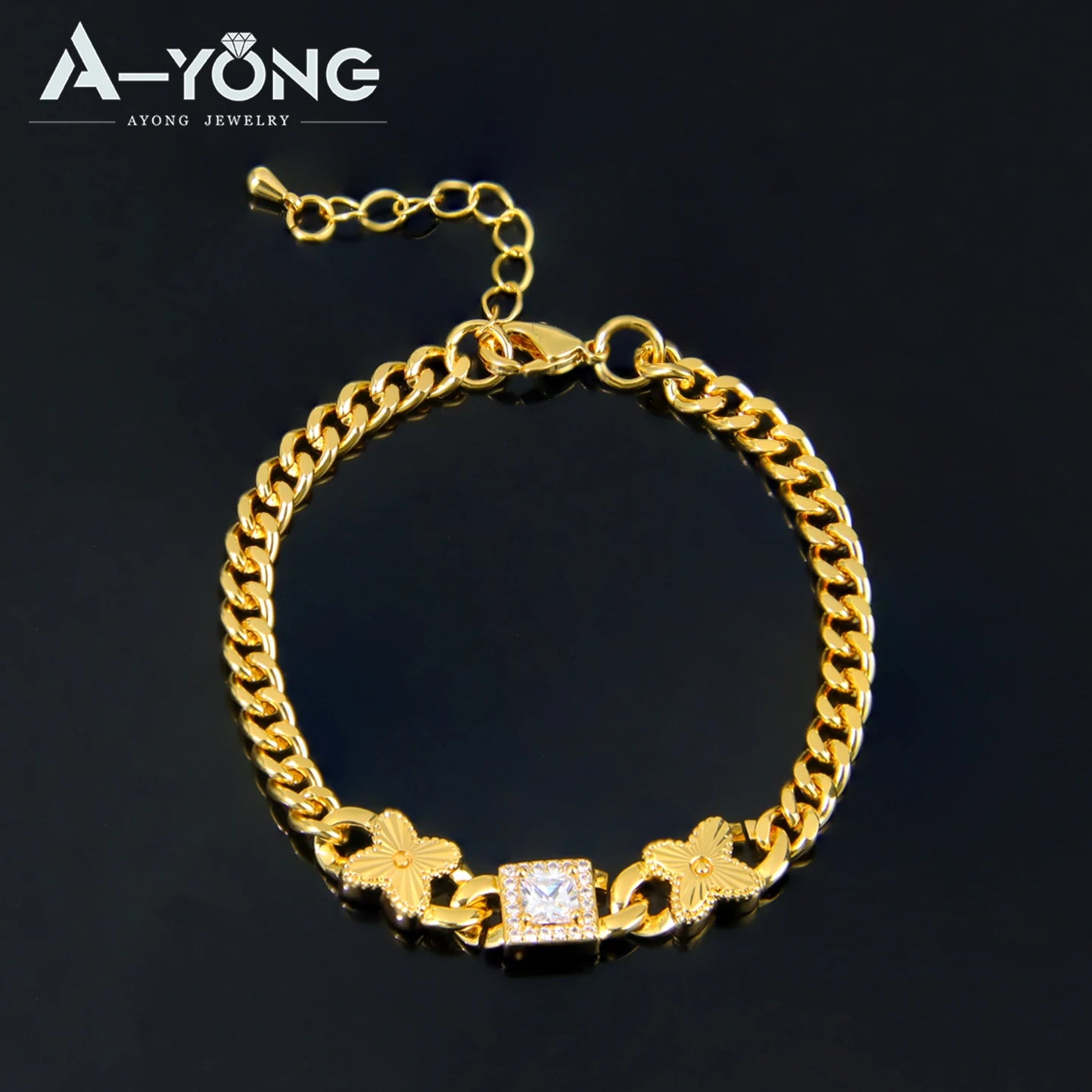 Dubai Fashion Bracelet 21K Gold Plated Zirconia Cuban Chain